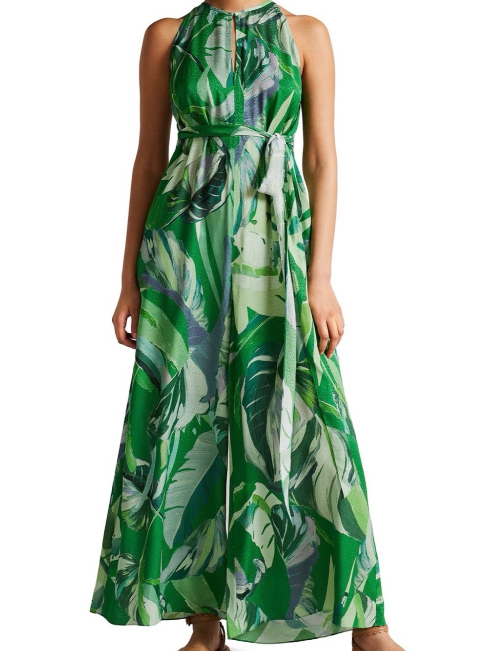 Ted Baker Green Leaf-Print Wide Leg key hole neckline Jumpsuit with ties